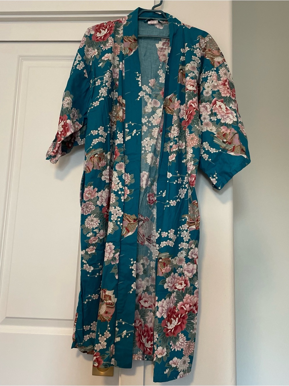 Teal Floral Kimono Robe with Pink & White Blooms 100% cotton made in Japan